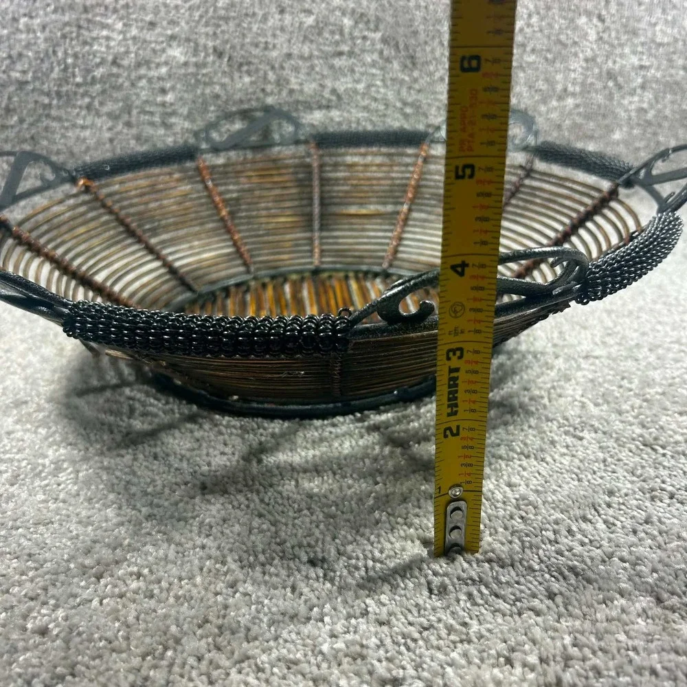 Wood Metal Wire Decorative Bowl Brown Scroll Handle Rustic Large 12in